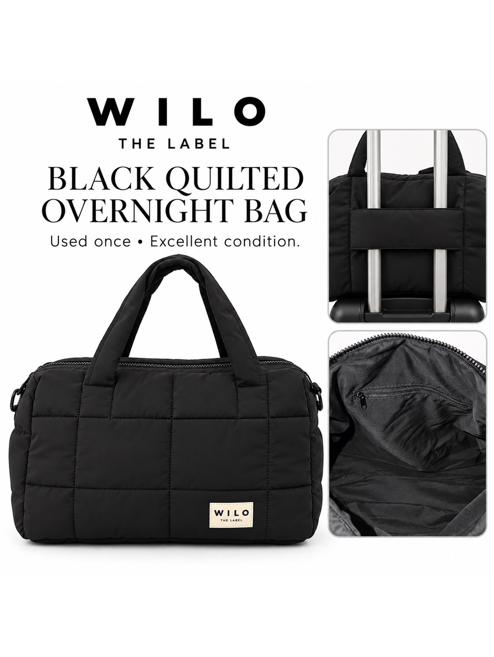WILO The Label Black Quilted Overnight Travel Bag with Luggage Pass-Through